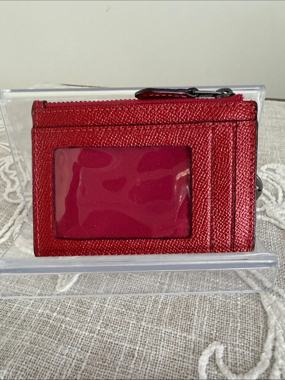 Coach Metallic Red Saffiano Leather Slim Zip Card Holder with Key Ring #F21072